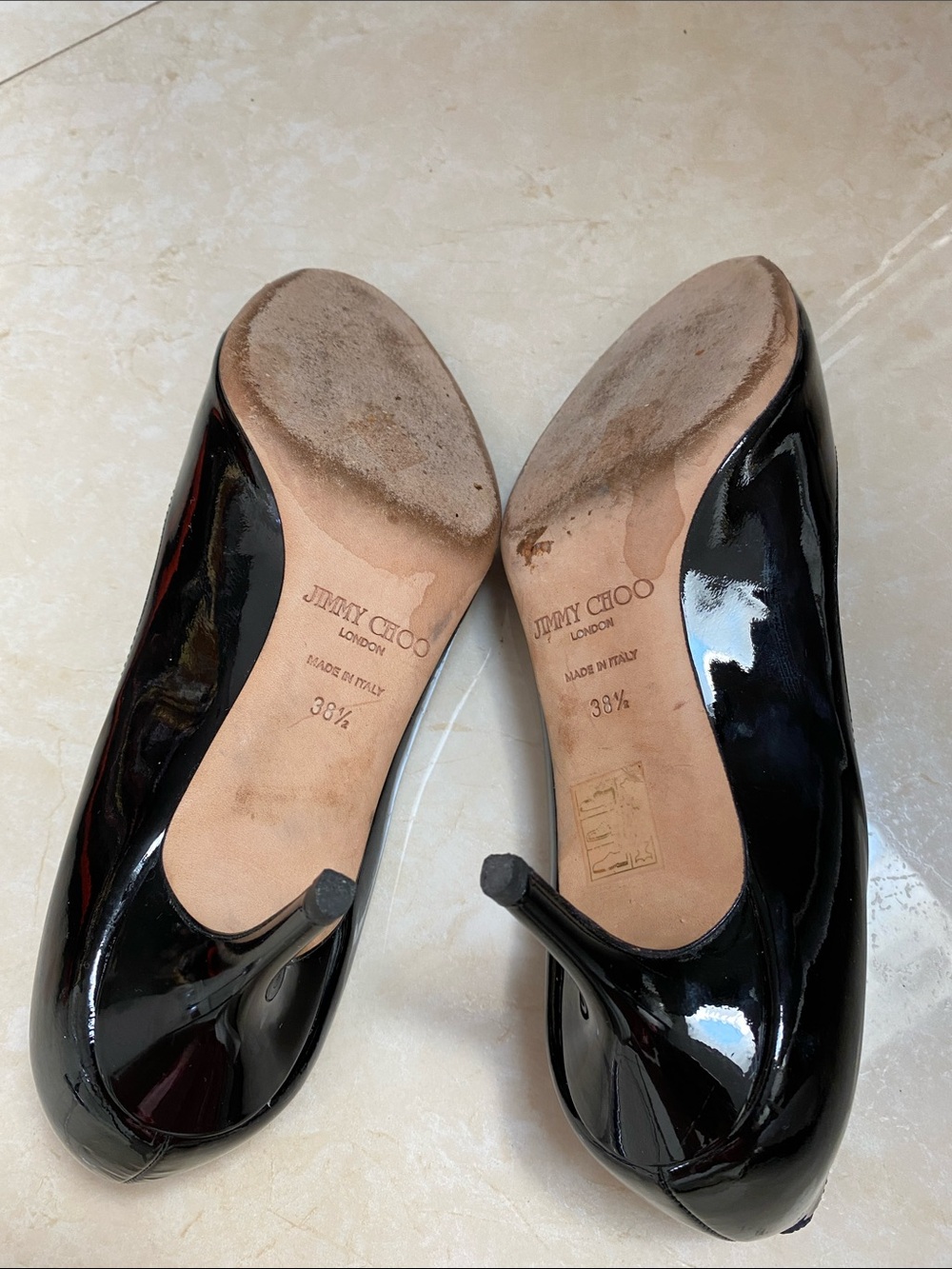 Jimmy Choi London Black Patent Leather Pumps Shoes Peep Toe 38.5 Italy Made - Picture 6 of 6
